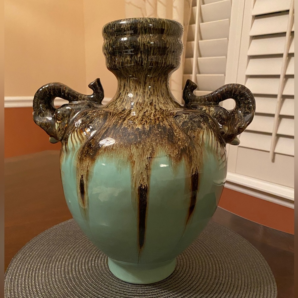 Chinoiserie style Ceramic Glazed In terracotta vase with elephant handles signed